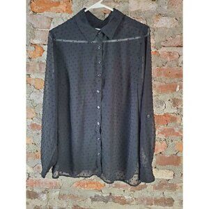 Denim Company Sheer Shirt Top Womens Sz L Black Polka Dots